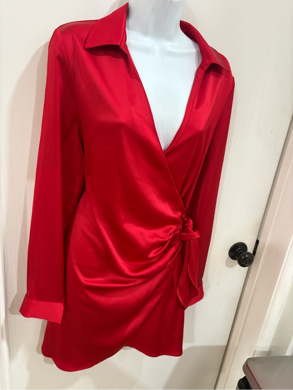 Red Satin evening Wrap Tie-Front Women's dress - Picture 2 of 8
